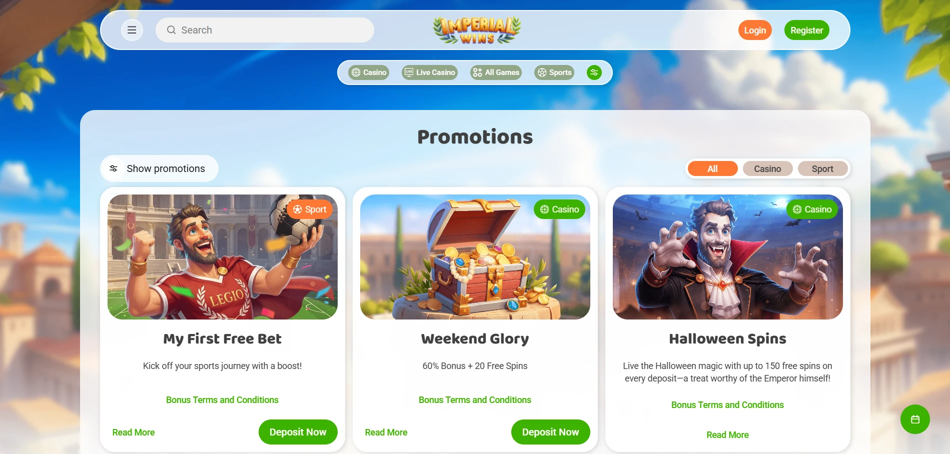 Imperial Wins promotions page with My First Free Bet, Weekend Glory and Halloween Spins tiles