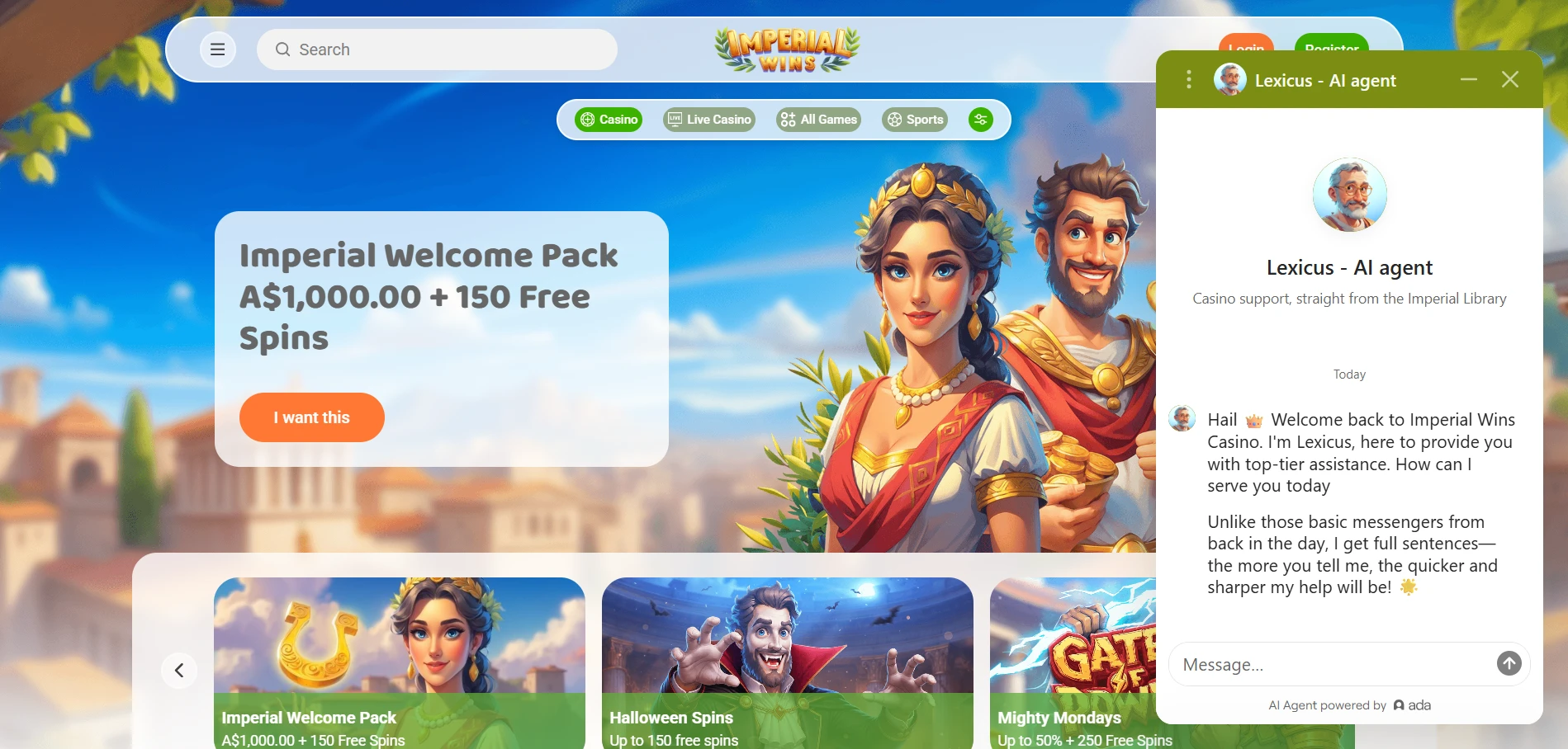 Imperial Wins home page with the Lexicus AI agent chat panel open