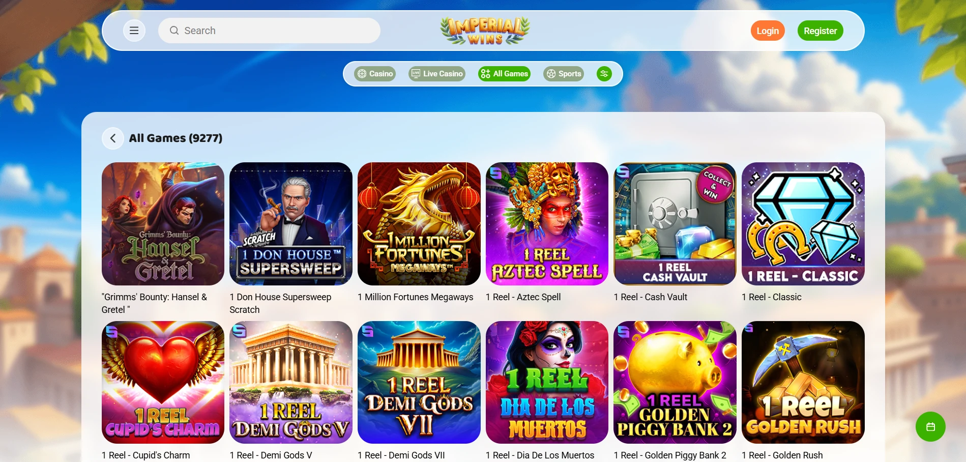 Imperial Wins All Games lobby showing 9,277 titles including Hansel and Gretel and 1 Million Fortunes Megaways