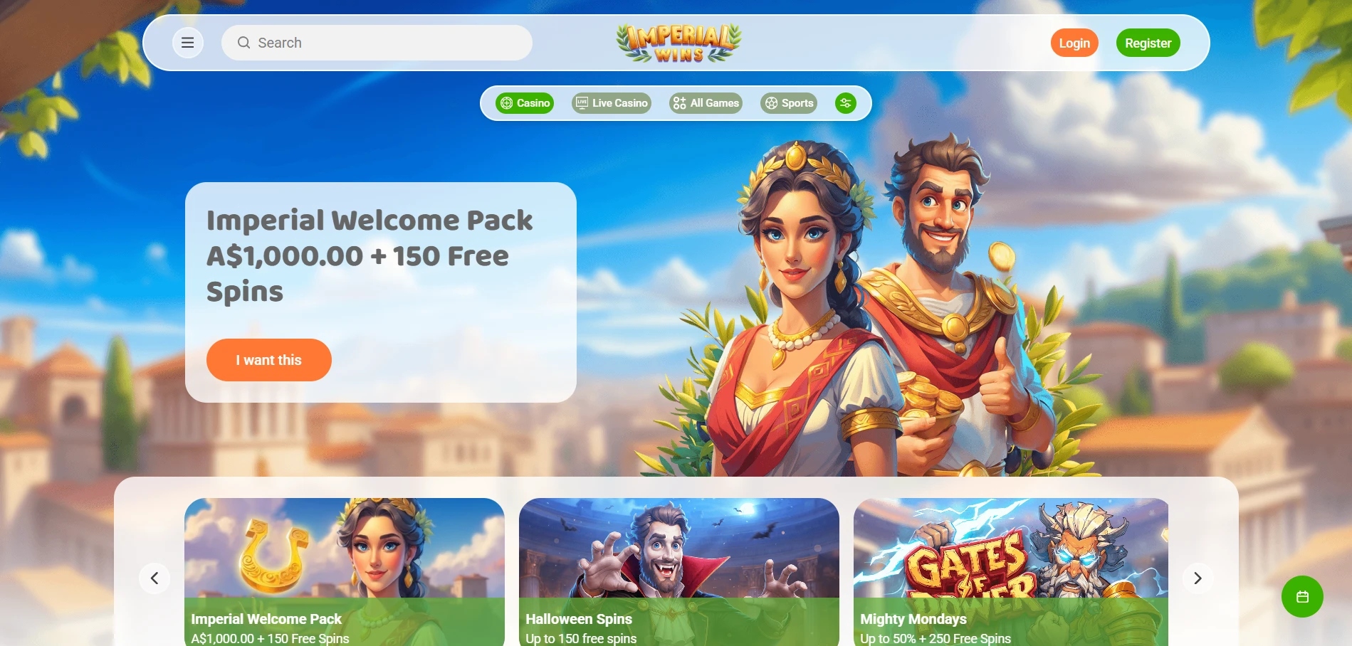 Imperial Wins home page with the Imperial Welcome Pack banner, A$1,000.00 plus 150 free spins
