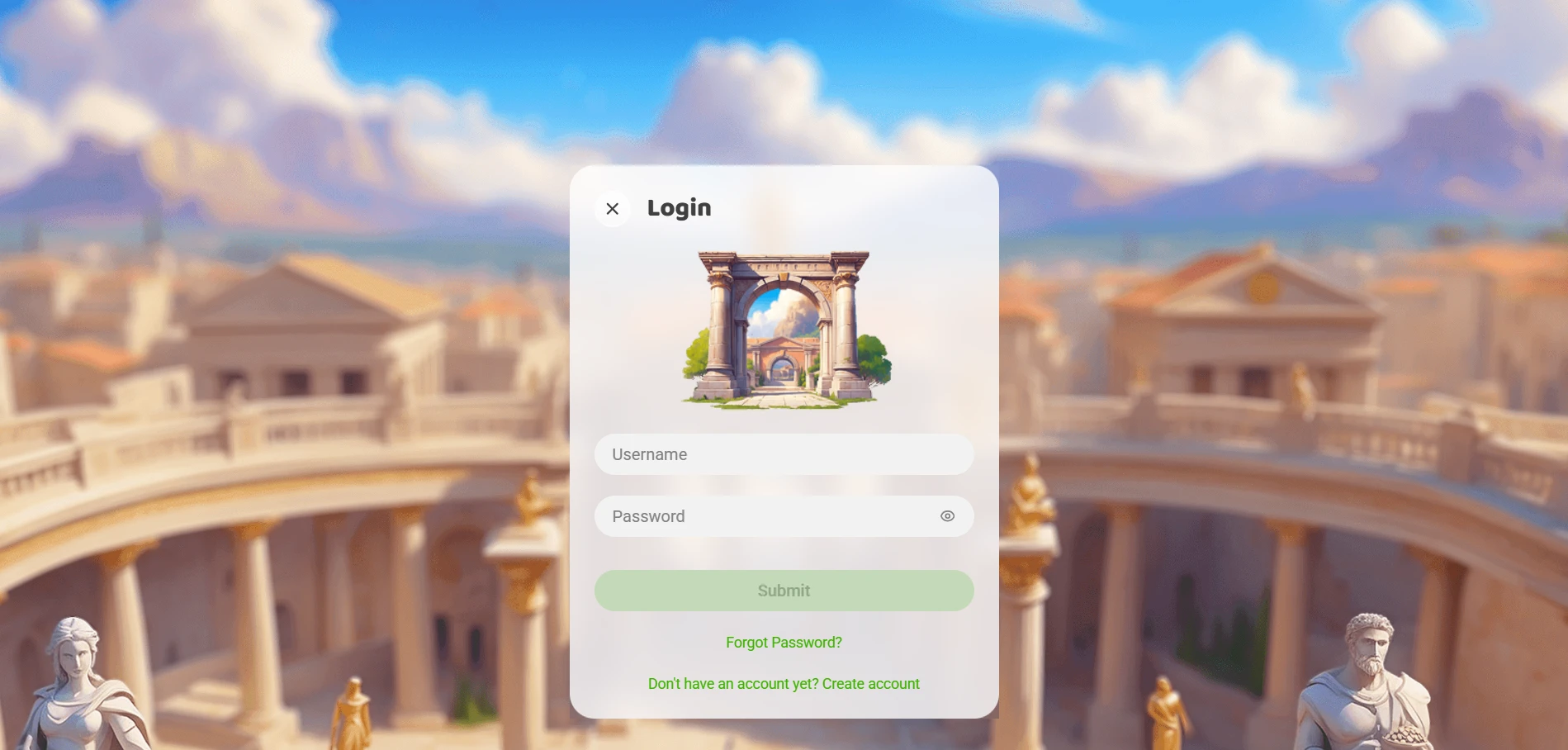 Imperial Wins login pop-up with Username and Password fields and a Create account link