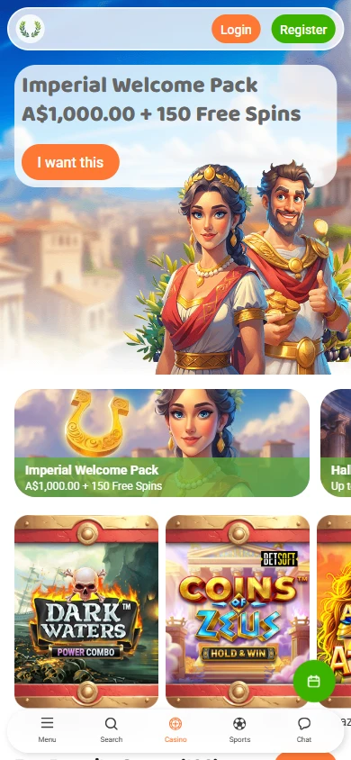 Imperial Wins mobile home page with the welcome pack banner and a bottom menu bar