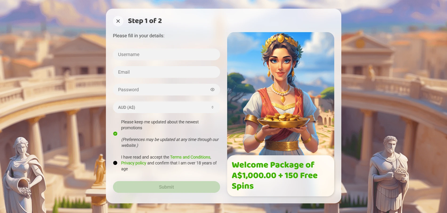 Imperial Wins registration form, Step 1 of 2